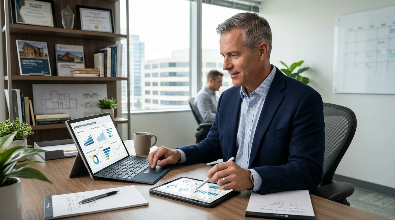 Roofing business owner discussing digital growth and online marketing