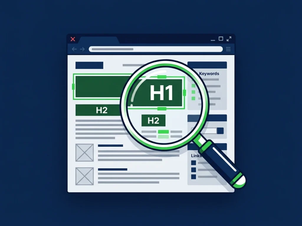 On-page SEO optimization showing website elements like title tags, headings, and keyword structure being optimized