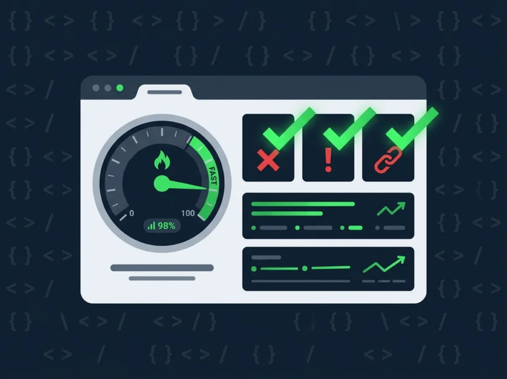 Technical SEO audit showing website speed, crawl errors, and technical issues being identified and fixed