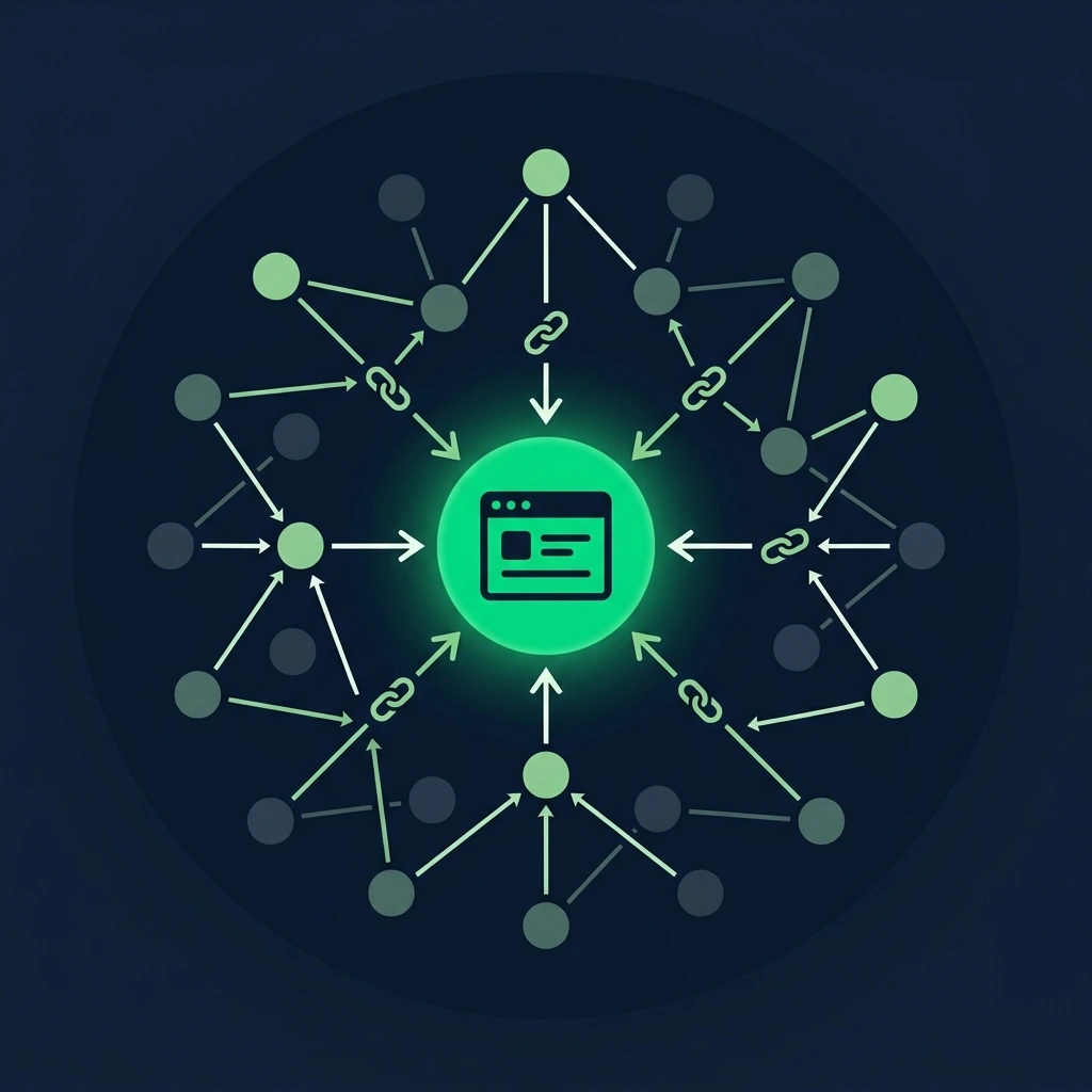 Link building services showing network of high authority backlinks connecting to a website to boost Google rankings