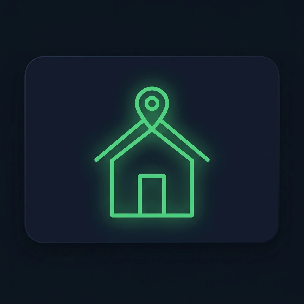 A clean minimal flat icon illustration for a website industry card. Show a simple house outline icon with a subtle location pin on top, soft green glow accent, dark navy and green color scheme, no text, square format 600x400px, modern professional style.